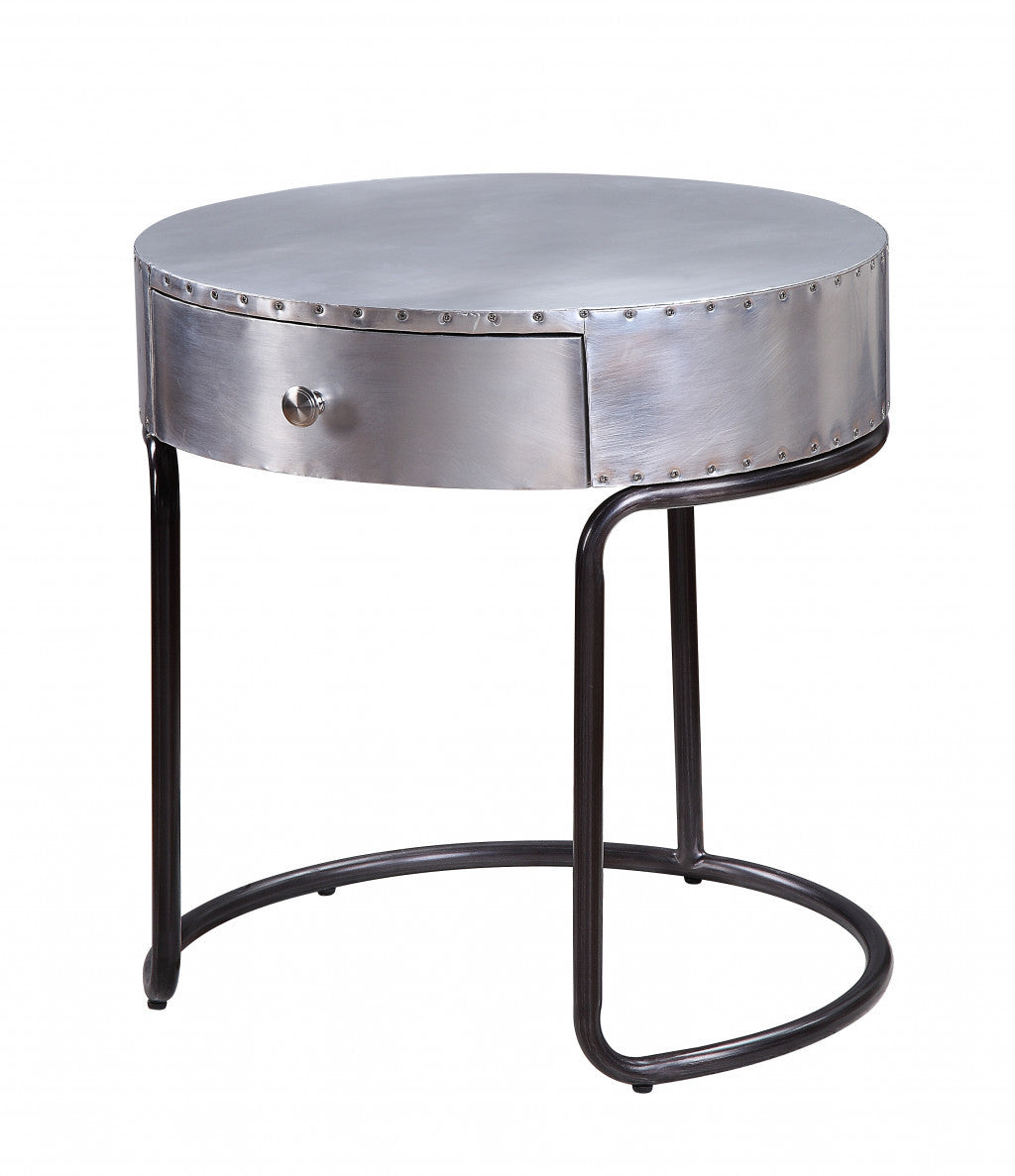 21" Aluminum And Manufactured Wood Round End Table With Drawer