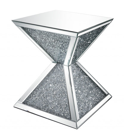 23" Silver Mirrored And Manufactured Wood Square Diamond End Table