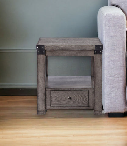 24" Ash Gray Square End Table With Drawer And Shelf