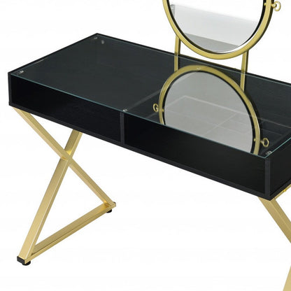 42" Black And Gold Glass and Wood Mirrored Vanity Table