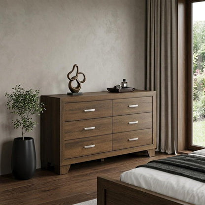 59" Brown Solid and Manufactured Wood Six Drawer Double Dresser