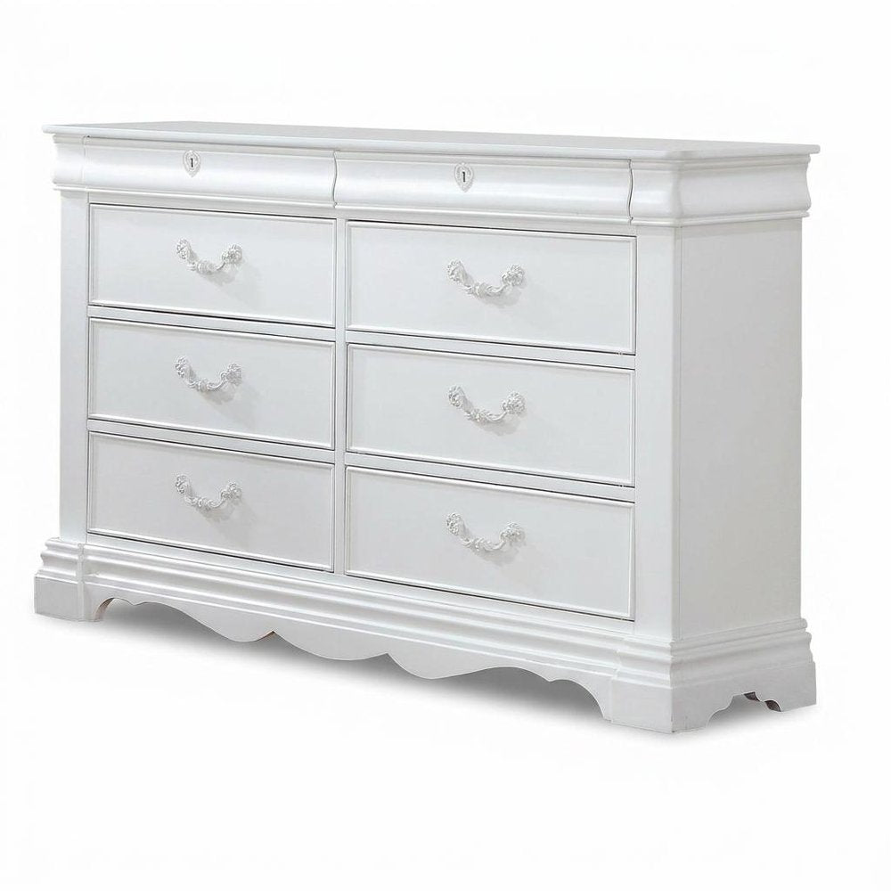 56" White Solid Wood Eight Drawer Double Dresser