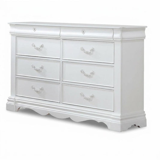 56" White Solid Wood Eight Drawer Double Dresser