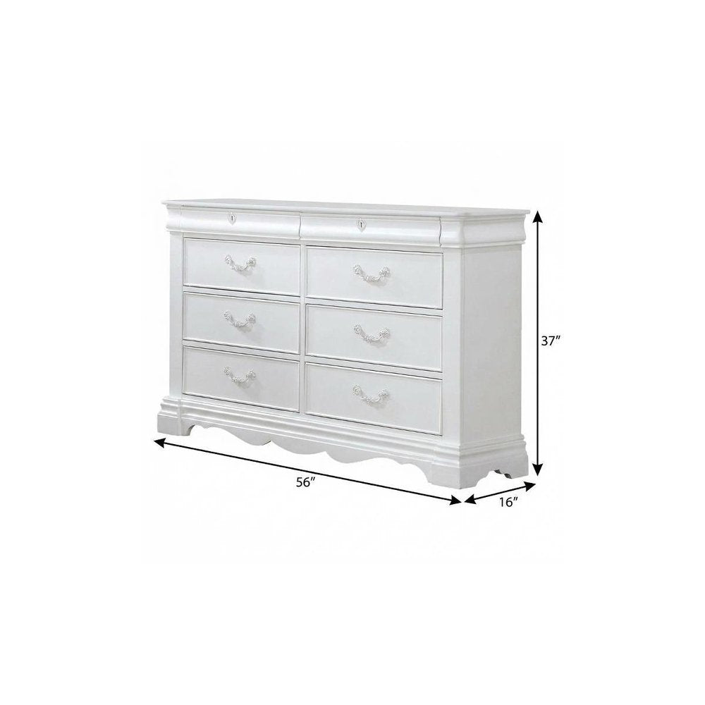 56" White Solid Wood Eight Drawer Double Dresser
