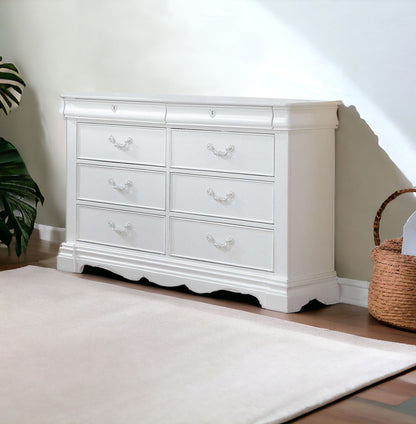 56" White Solid Wood Eight Drawer Double Dresser