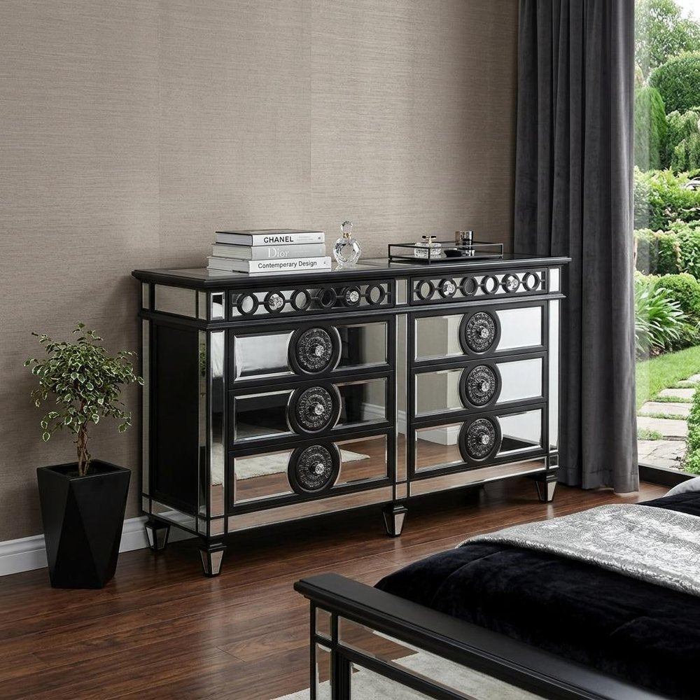 68" Black and Silver Solid and Manufactured Wood Mirrored Eight Drawer Double Dresser