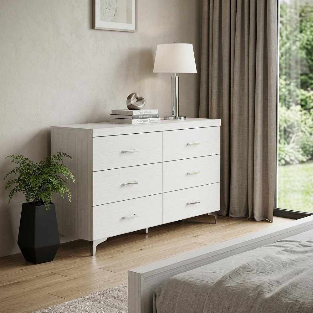 58" White Wood Six Drawer Double Dresser
