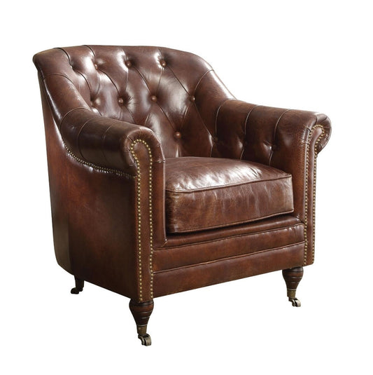 34" Top Grain Leather And Brown Tufted Chesterfield Chair