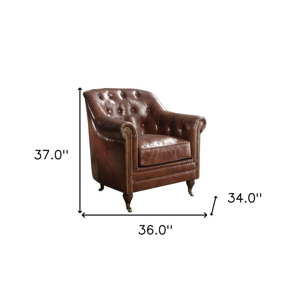 34" Brown Top Grain Leather Tufted Chesterfield Chair