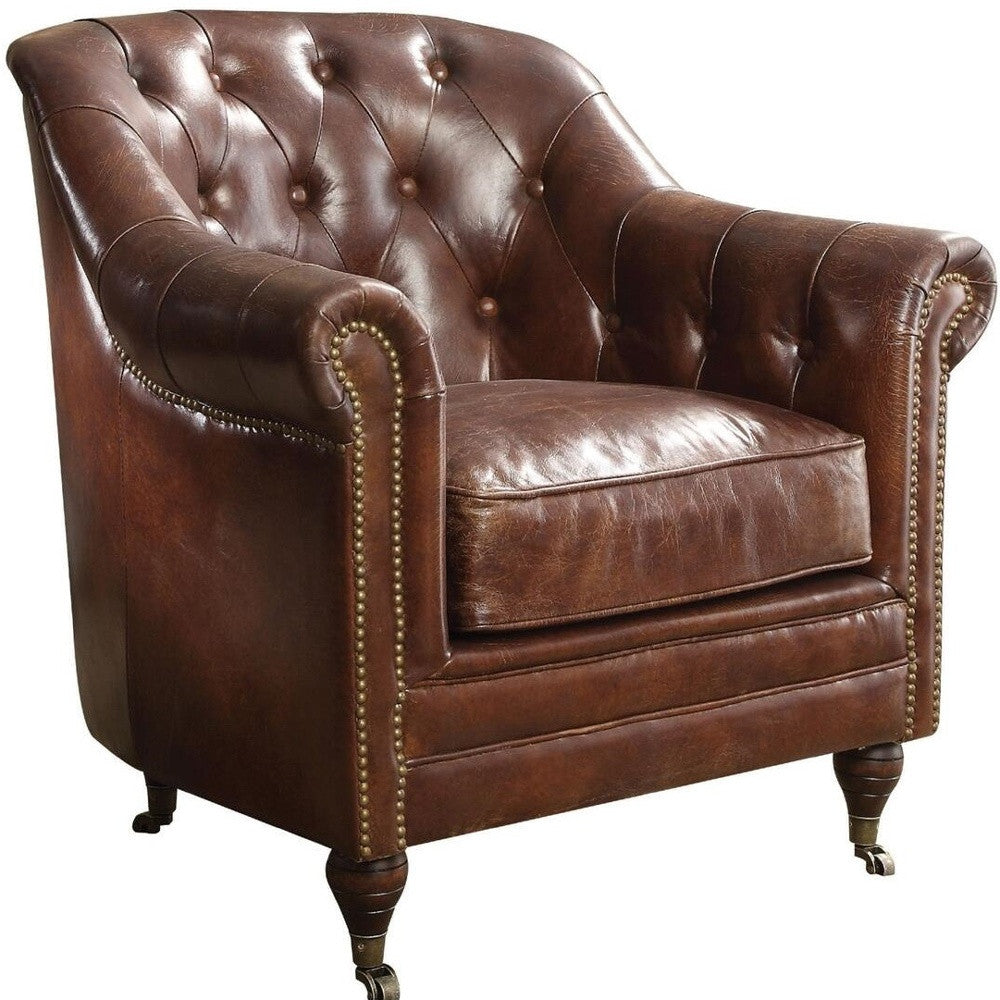 34" Top Grain Leather And Brown Tufted Chesterfield Chair