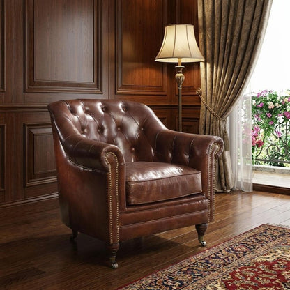 34" Brown Top Grain Leather Tufted Chesterfield Chair