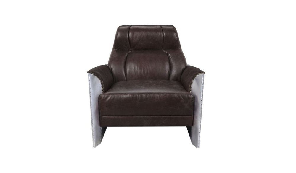 35" Espresso and Silver Top Grain Leather Tufted Club Chair