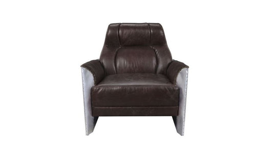 35" Espresso and Silver Top Grain Leather Tufted Club Chair