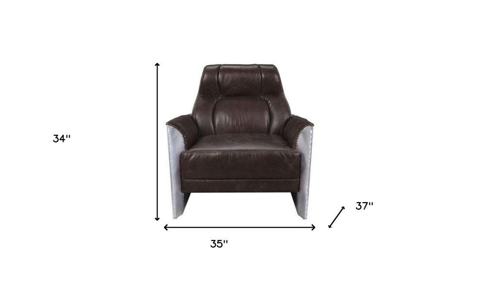35" Espresso and Silver Top Grain Leather Tufted Club Chair