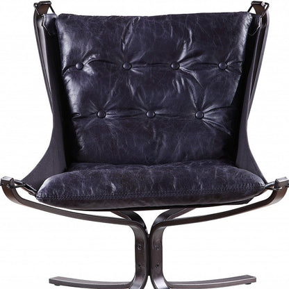 30" Blue and Steel Blue Top Grain Leather Tufted Lounge Chair