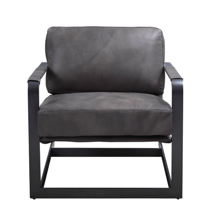 28" Gray Black Top Grain Leather And Steel Solid Color Arm Chair