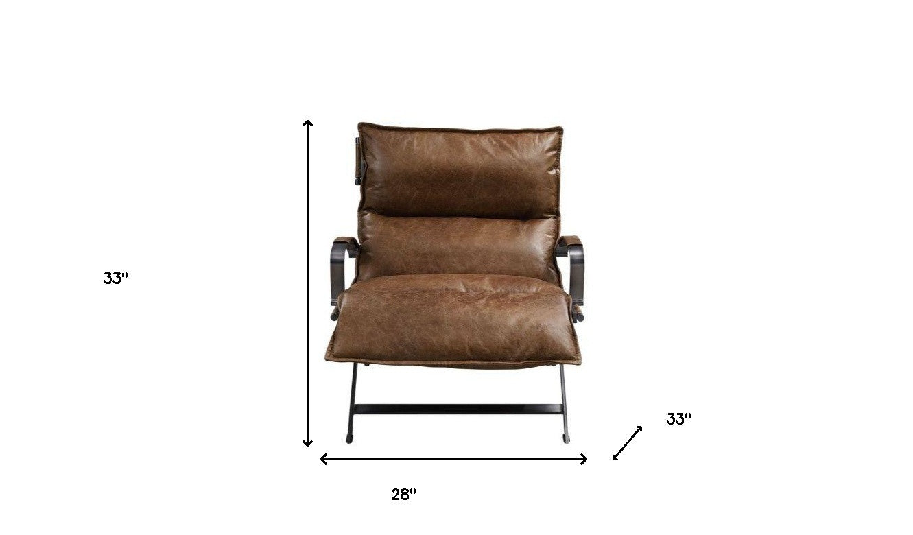 28" Brown Top Grain Leather And Steel Lounge Chair