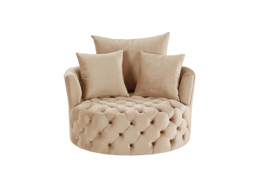 43" Beige Velvet Tufted Swivel Barrel Chair And Toss Pillows