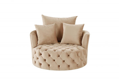 43" Beige Velvet Tufted Swivel Barrel Chair And Toss Pillows