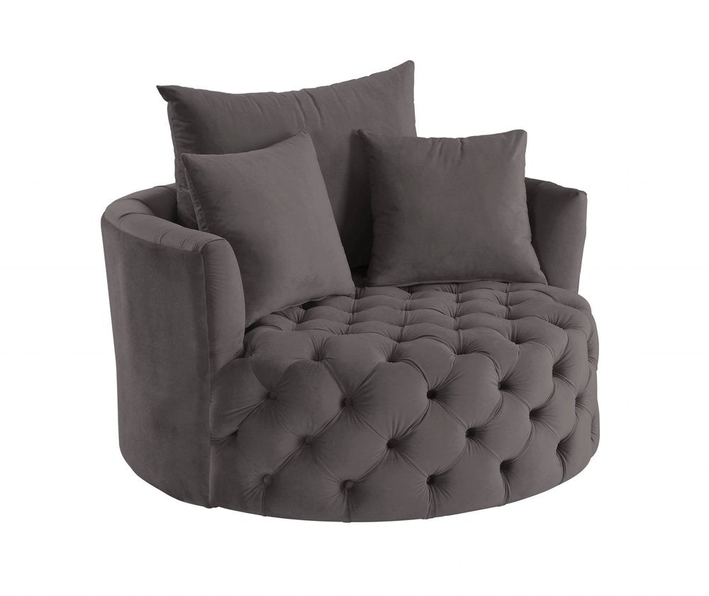 43" Gray Velvet Tufted Swivel Barrel Chair And Toss Pillows
