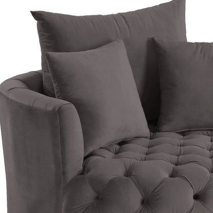 43" Gray Velvet Tufted Swivel Barrel Chair And Toss Pillows
