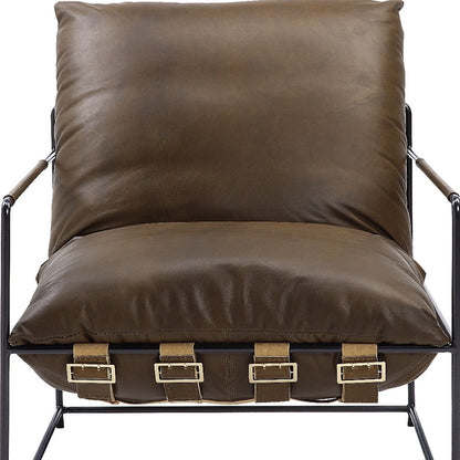 27" Brown Top Grain Leather And Steel Solid Color Lounge Chair