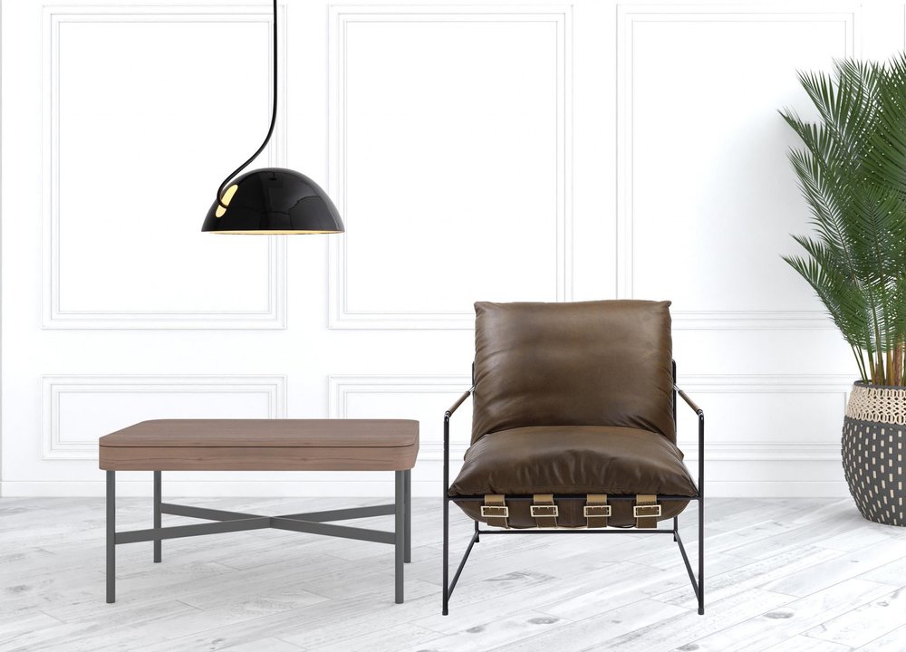 27" Brown and Steel Blue Top Grain Leather Lounge Chair