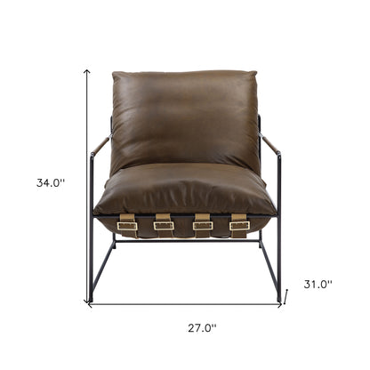 27" Brown Top Grain Leather And Steel Solid Color Lounge Chair