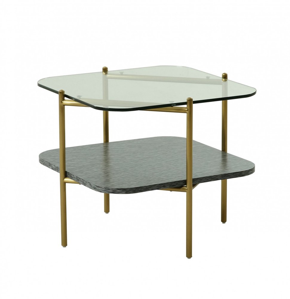 20" Gold And Clear Glass And Metal Square End Table With Shelf