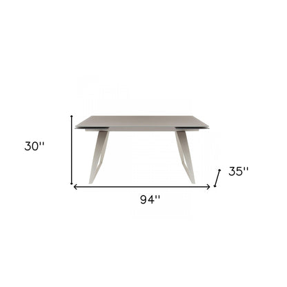 94" Gray Glass And Metal Self-Storing Leaf Sled Base Dining Table