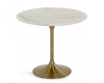 35" White And Gold Rounded Marble And Metal Dining Table