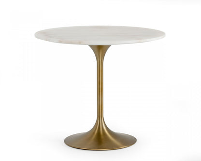 35" White And Gold Rounded Marble And Metal Dining Table