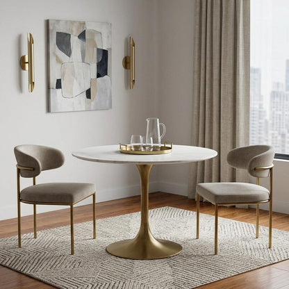 35" White And Gold Rounded Marble And Metal Dining Table