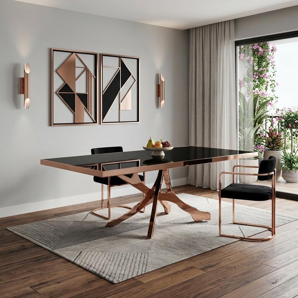 87" Black And Gold Glass And Stainless Steel Pedestal Base Dining Table
