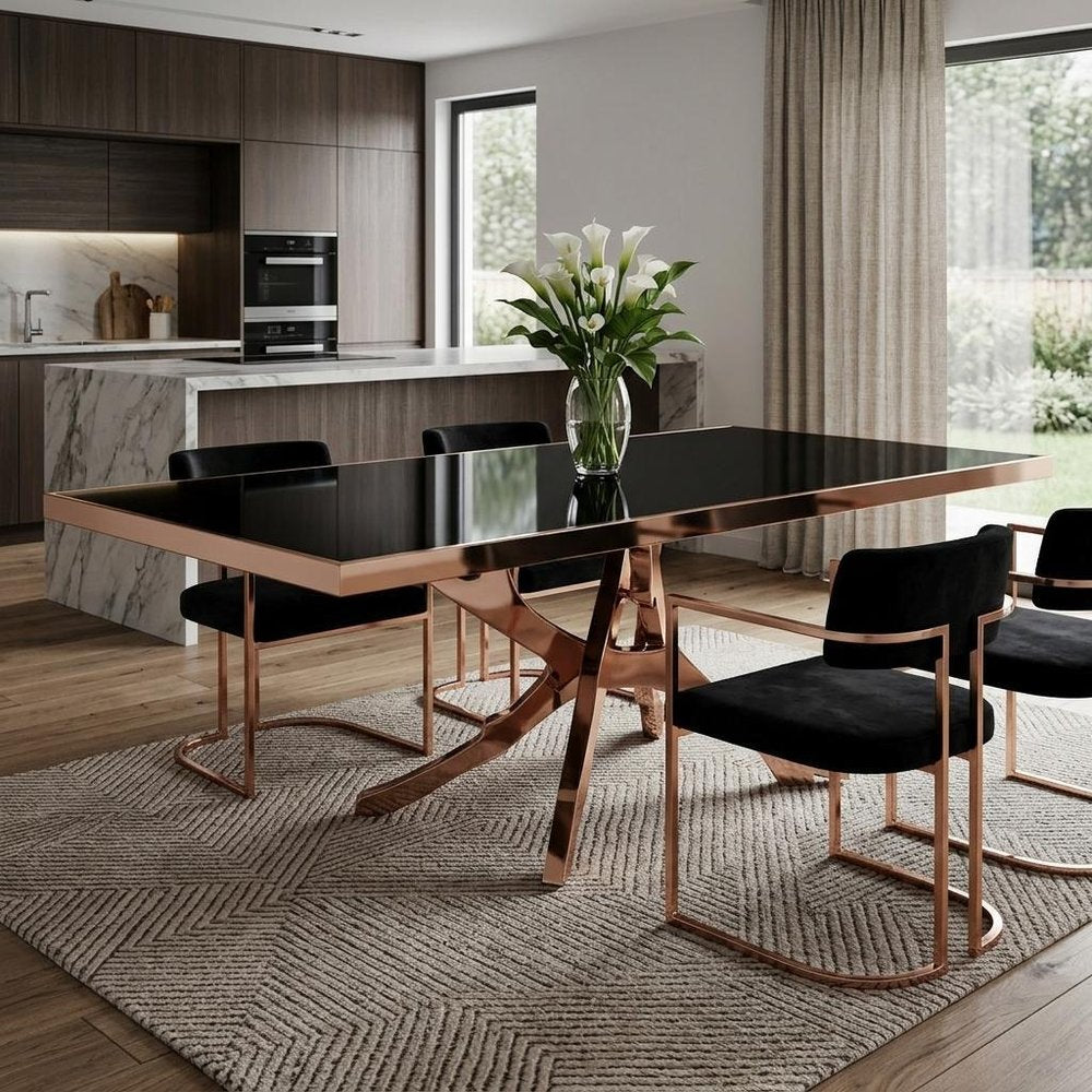 87" Black And Gold Glass And Stainless Steel Pedestal Base Dining Table