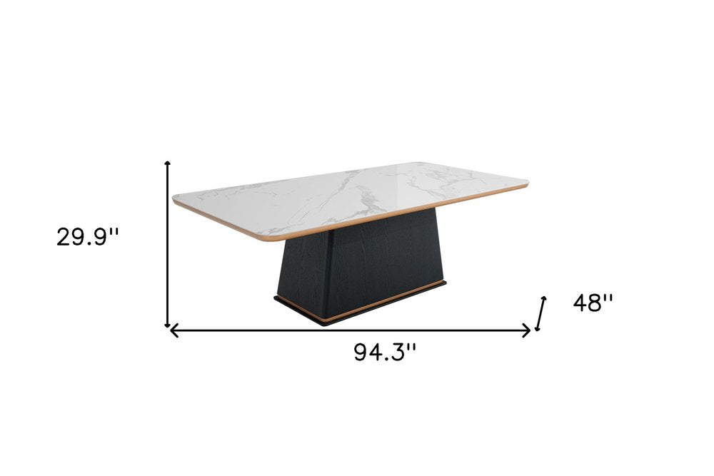 94" White and Black Ceramic and Wood Pedestal Base Dining Table