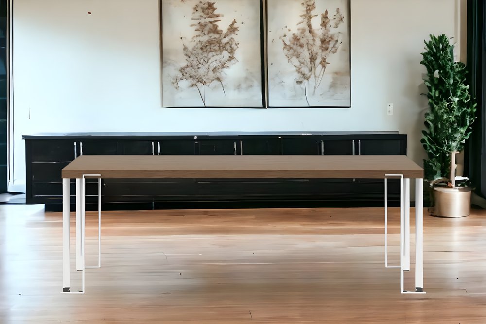 95" Brown and Silver Wood and Stainless Steel Dining Table
