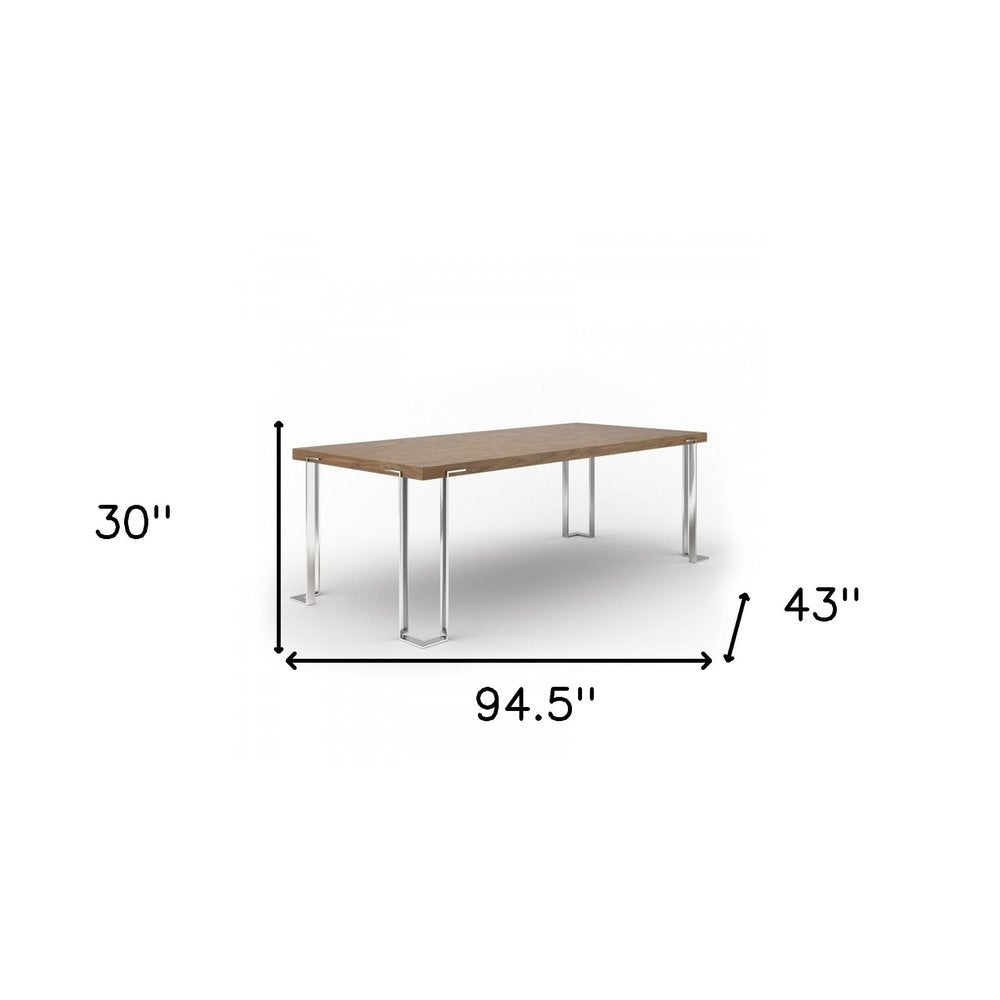 95" Brown and Silver Wood and Stainless Steel Dining Table