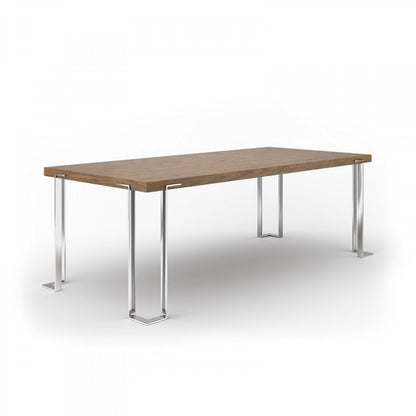95" Brown and Silver Wood and Stainless Steel Dining Table