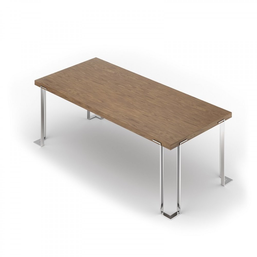95" Brown and Silver Wood and Stainless Steel Dining Table