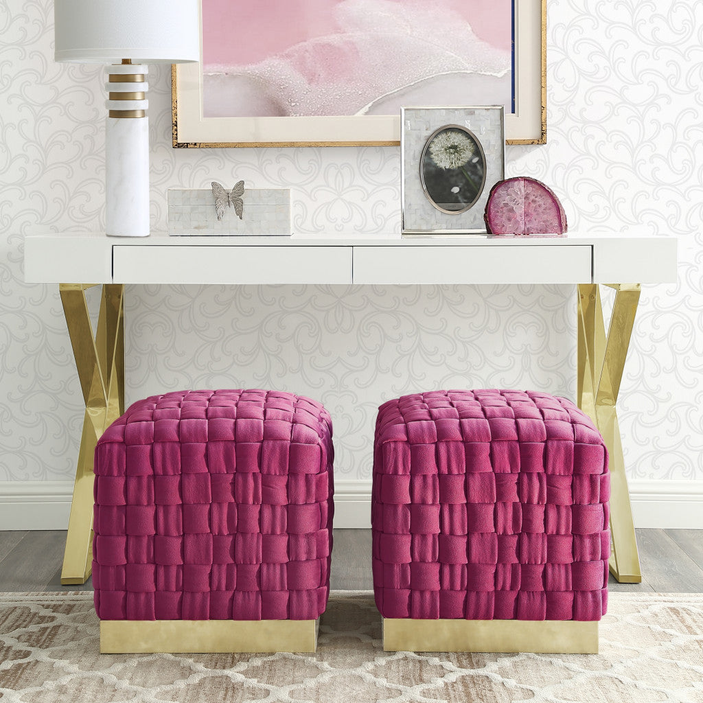 17" Fuchsia Velvet And Gold Ottoman