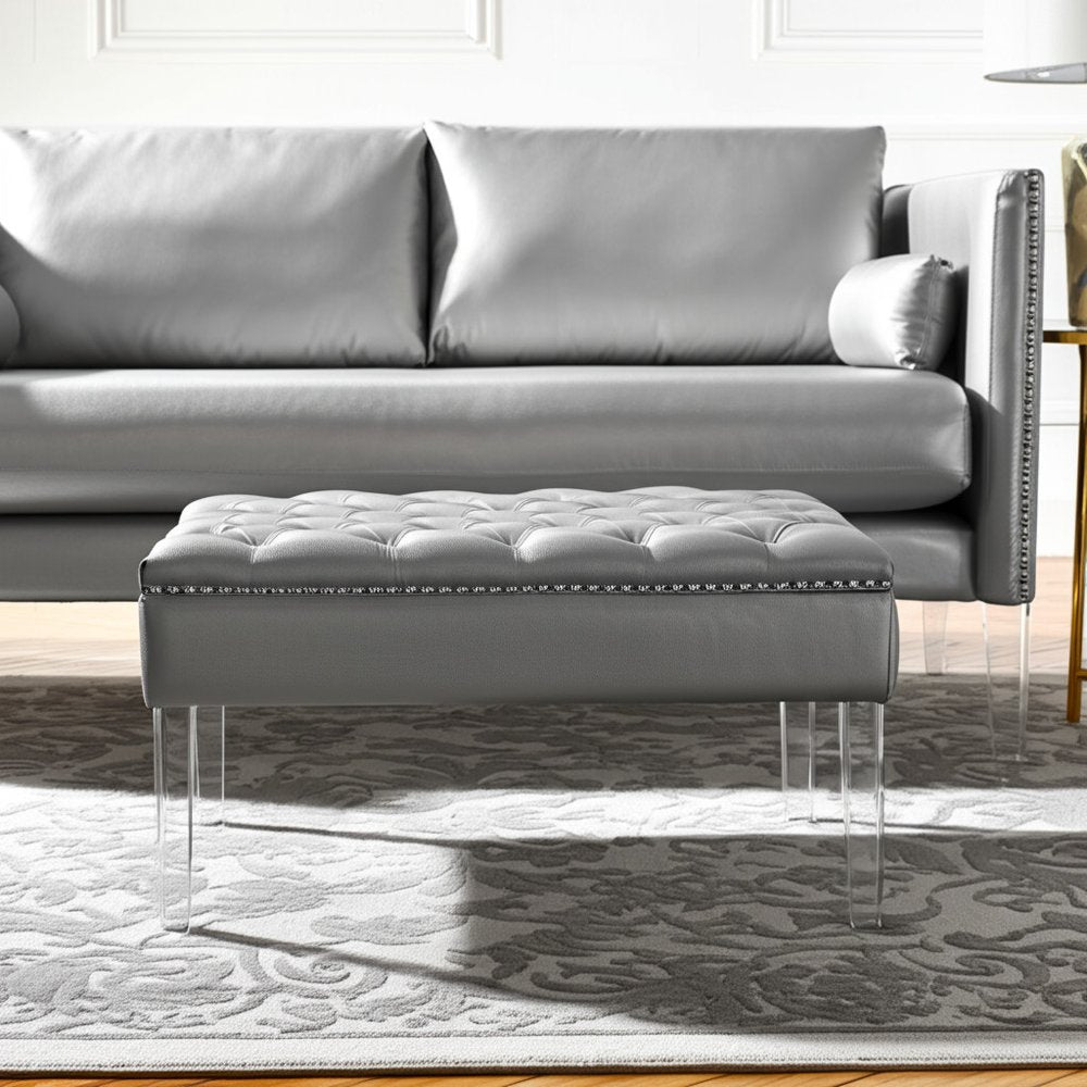 35" Espresso Faux Leather And Clear Cocktail Ottoman