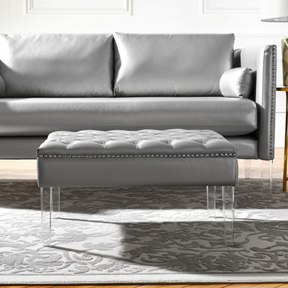 35" Espresso Faux Leather And Clear Cocktail Ottoman