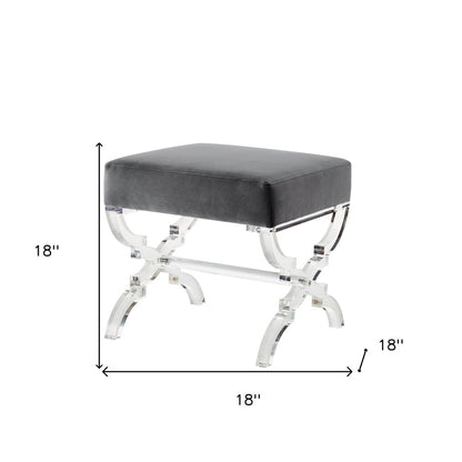 18" Gray Velvet And Clear Ottoman