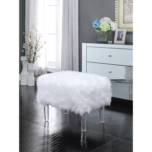 19" White Faux Fur And Clear Ottoman