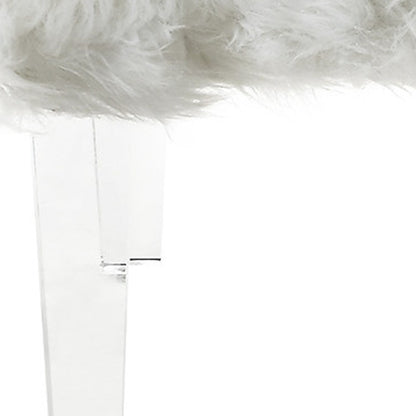 19" White Faux Fur And Clear Ottoman