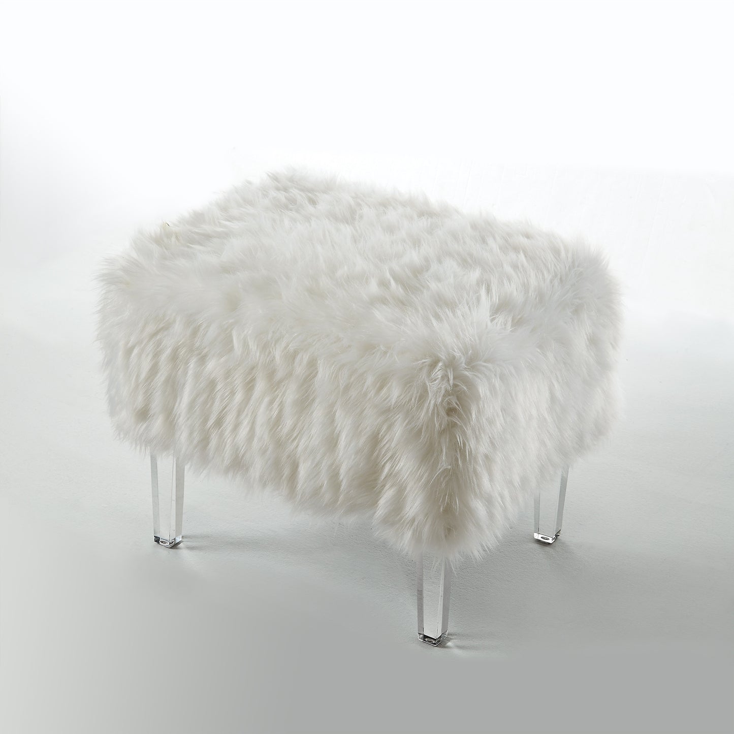 19" White Faux Fur And Clear Ottoman