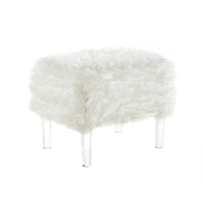 19" White Faux Fur And Clear Ottoman