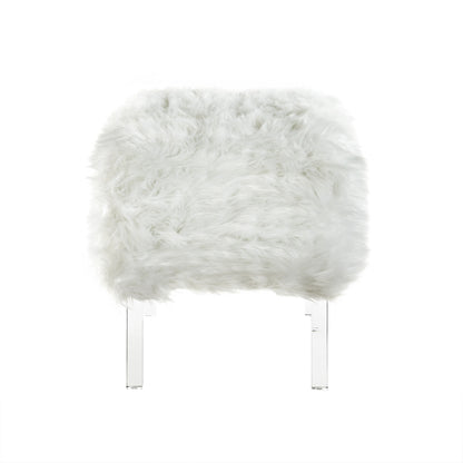 19" White Faux Fur And Clear Ottoman