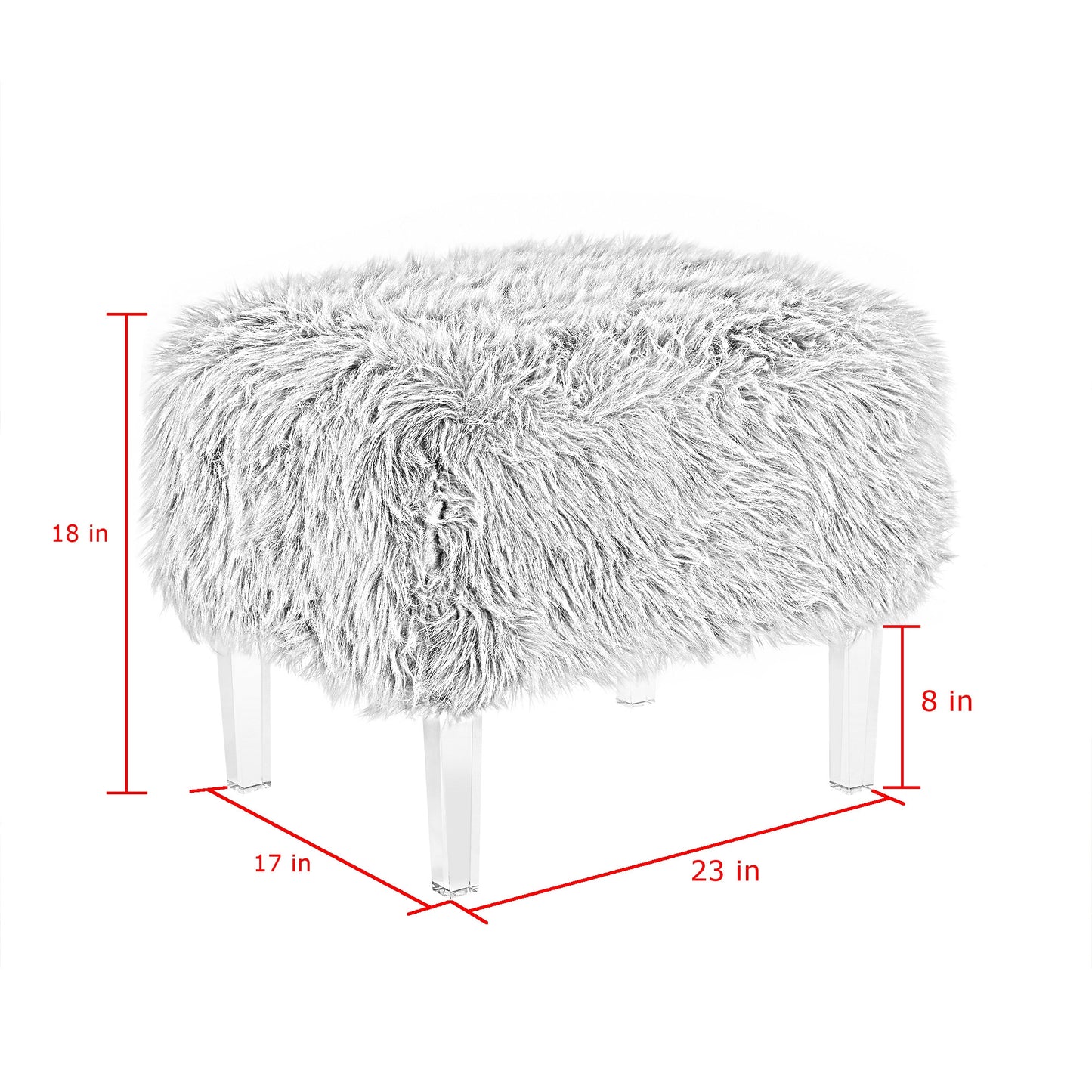 19" White Faux Fur And Clear Ottoman